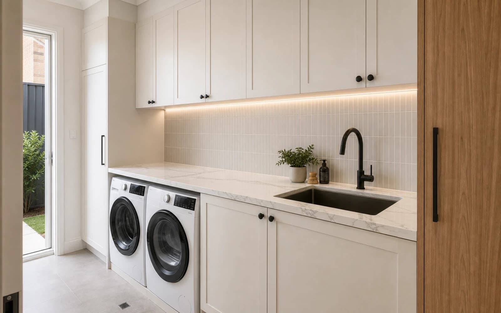 Custom laundry with white shaker cabinetry, a marble-look benchtop, a finger-tile splashback, a side-by-side washer and dryer and a black undermount sink by H&R Kitchens