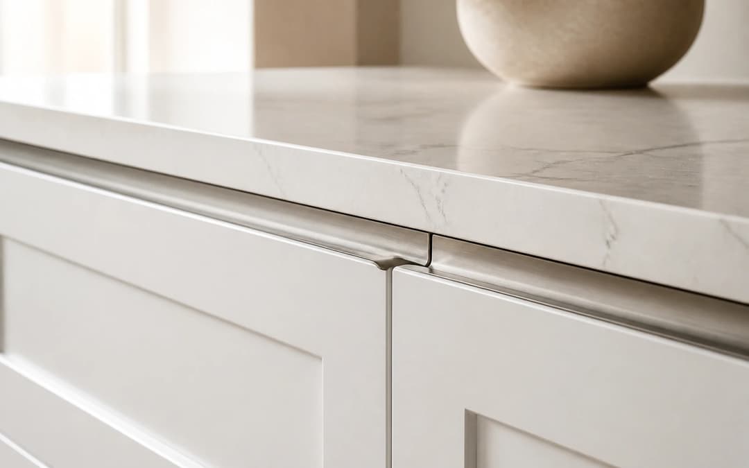 Detail of handleless white shaker cabinetry with a flush stone benchtop and brushed-nickel edge pull